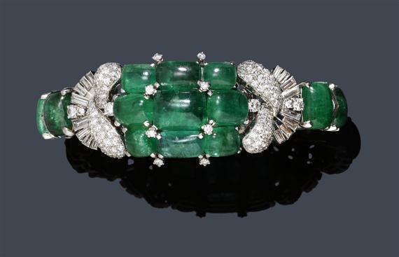 Appraisal: EMERALD AND DIAMOND BRACELET ca Platinum Fancy bracelet set throughout