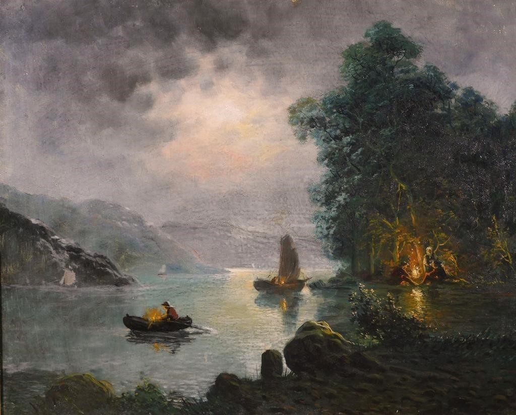 Appraisal: Oil on canvas mountain lake scene with fisherman in a