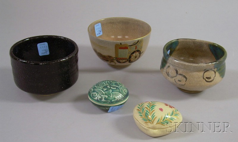 Appraisal: Three Asian Tea Ceremony Pottery Bowls and Two Covered Incense