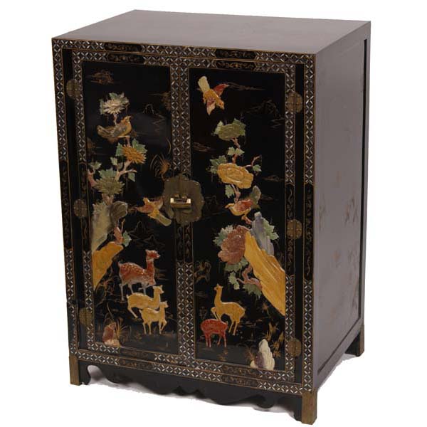 Appraisal: Chinese black lacquer drawer chest cabinet with carved stone applique