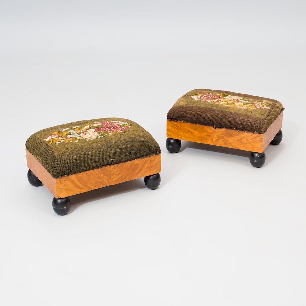 Appraisal: Pair of Birch Ebonized and Needlework Stools x x in