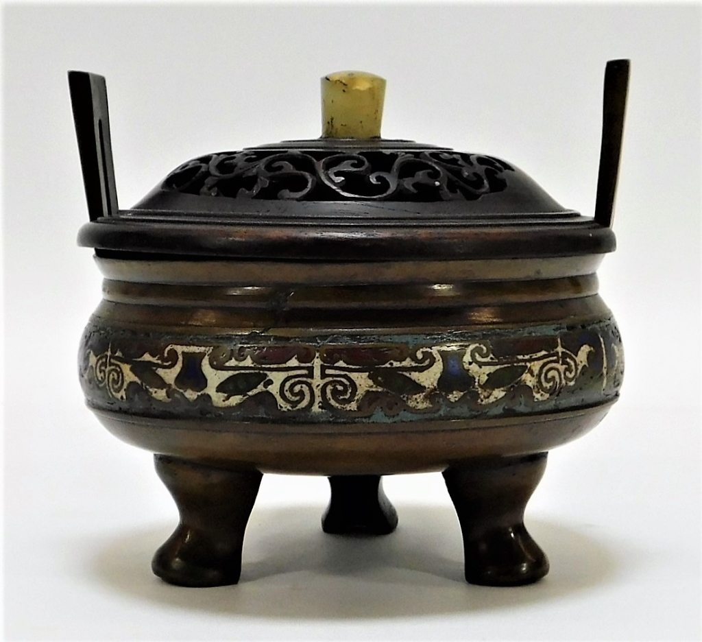 Appraisal: CHINESE CLOISONNE AND JADEITE CENSER China Qing DynastyTri footed handled