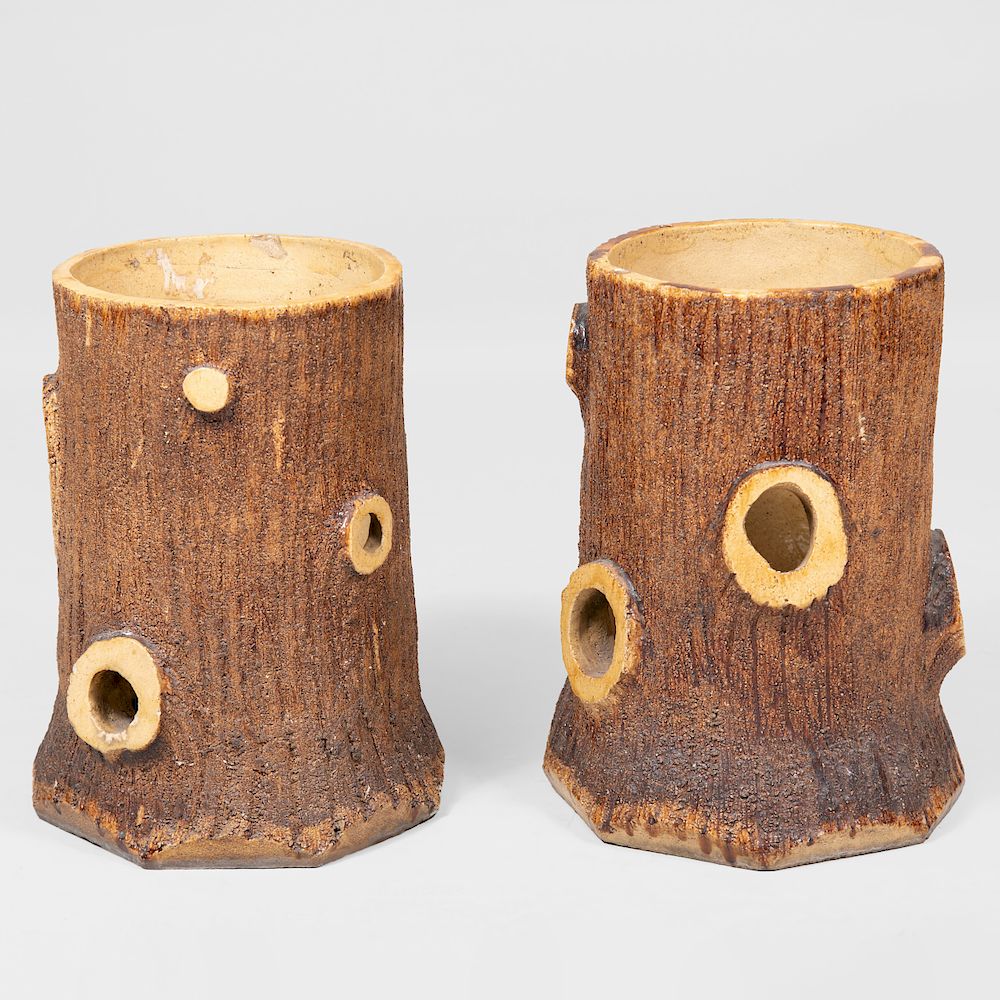 Appraisal: Pair of French Glazed Pottery Tree Trunk Form Planters x