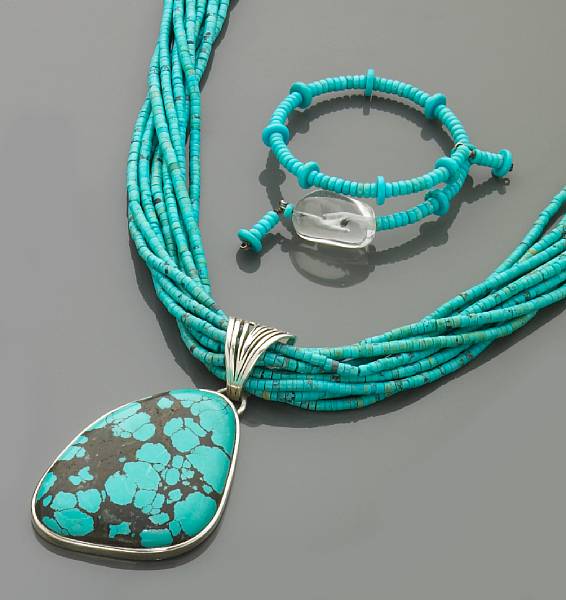 Appraisal: Turquoise Pendant Necklace and a Turquoise and Rock Crystal Bracelet