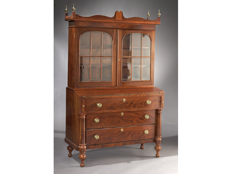 Appraisal: AMERICAN EARLY CLASSICAL MAHOGANY SECRETARY Of diminutive size showing brass