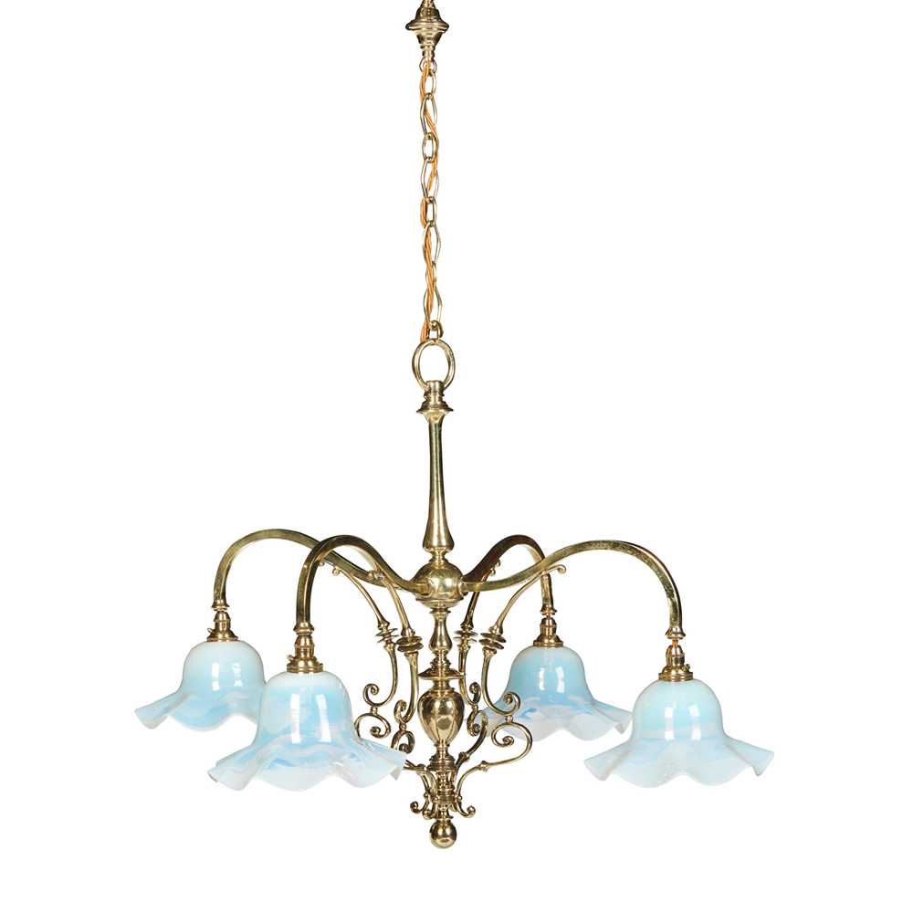 Appraisal: ENGLISH CHANDELIER CIRCA brass with period opalescent glass shadesincluding shades