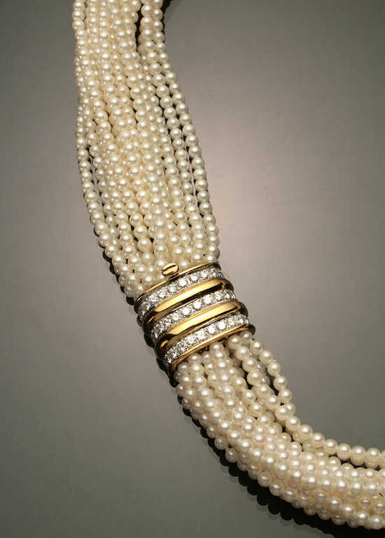 Appraisal: Choker Length -Karat Yellow-Gold White-Gold Cultured Pearl and Diamond Necklace