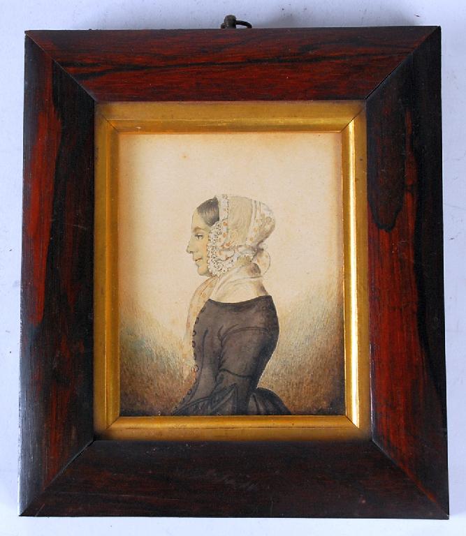 Appraisal: VICTORIAN PORTRAIT MINIATURE ON CARD half length silhouette of a