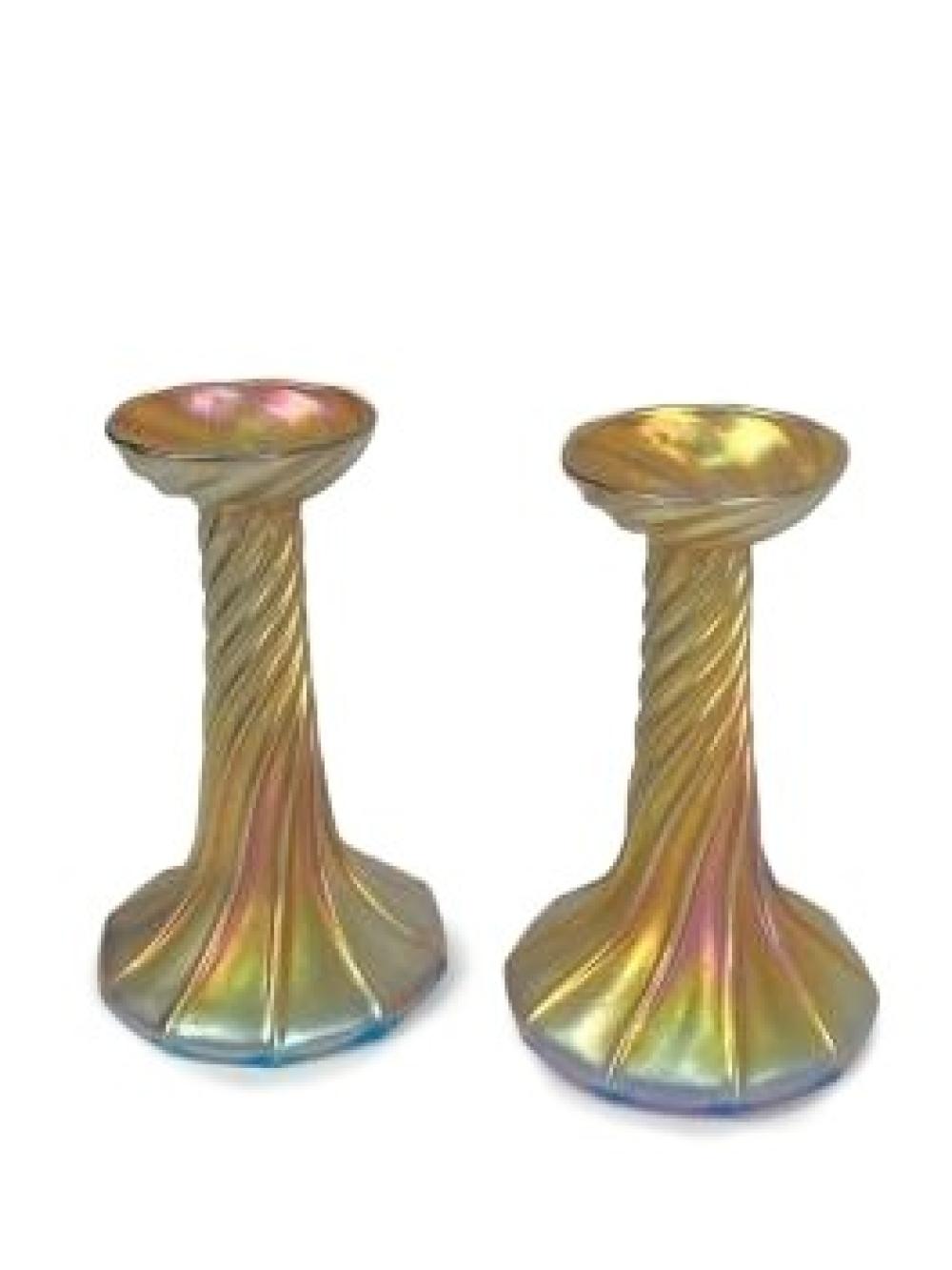 Appraisal: PAIR LOUIS COMFORT TIFFANY GOLD FAVRILE ART GLASS TWIST CANDLESTICKS