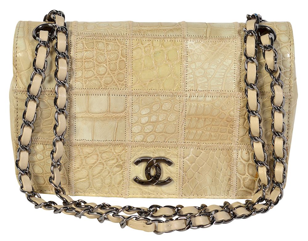 Appraisal: Crocodile Embossed Leather Patchwork CHANEL Bag Beige patchwork crocodile embossed