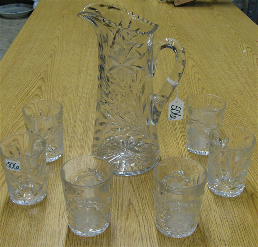 Appraisal: AMERICAN CUT CRYSTAL WATER PITCHER AND TUMBLERS pieces with gravic