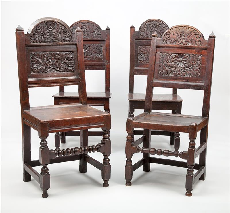 Appraisal: Assembled Group of Eight Jacobean Style Carved Oak Dining Chairs