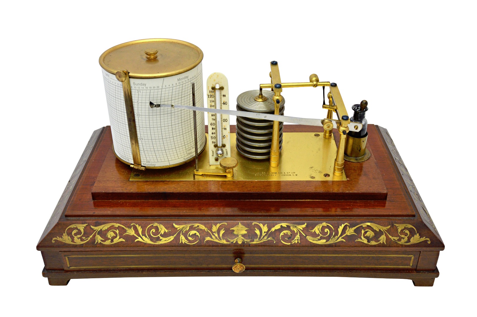 Appraisal: A rosewood and brass inlaid barograph by James Sinclair Co