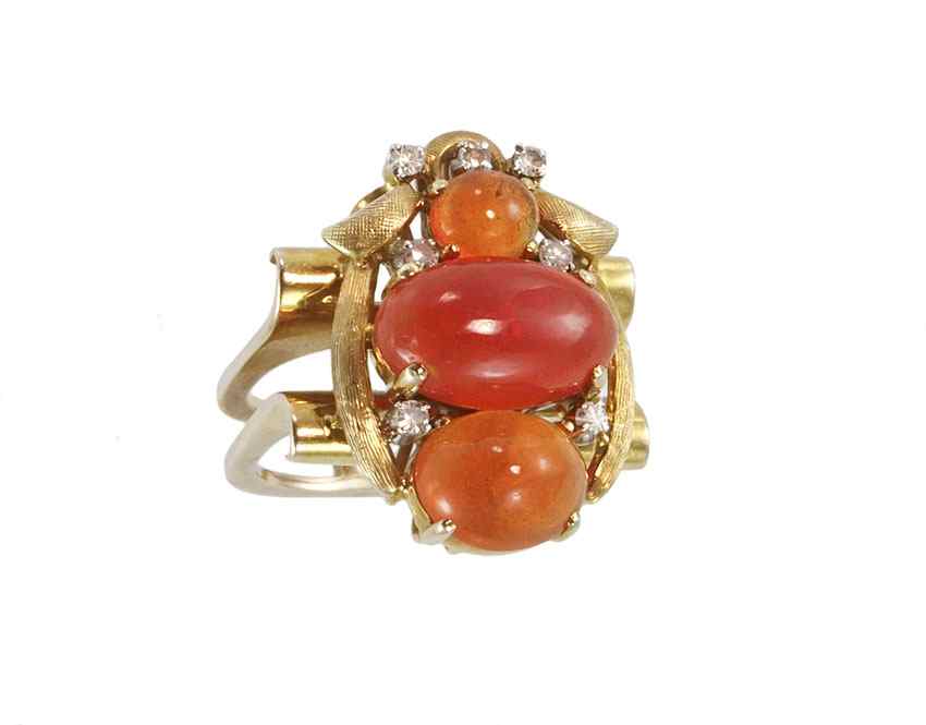 Appraisal: K MEXICAN ORANGE OPAL AND DIAMOND SCARAB DESIGN RING K