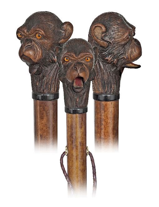 Appraisal: Articulated Monkey Head Cane Ca -Fruitwood handle naturalistically carved in