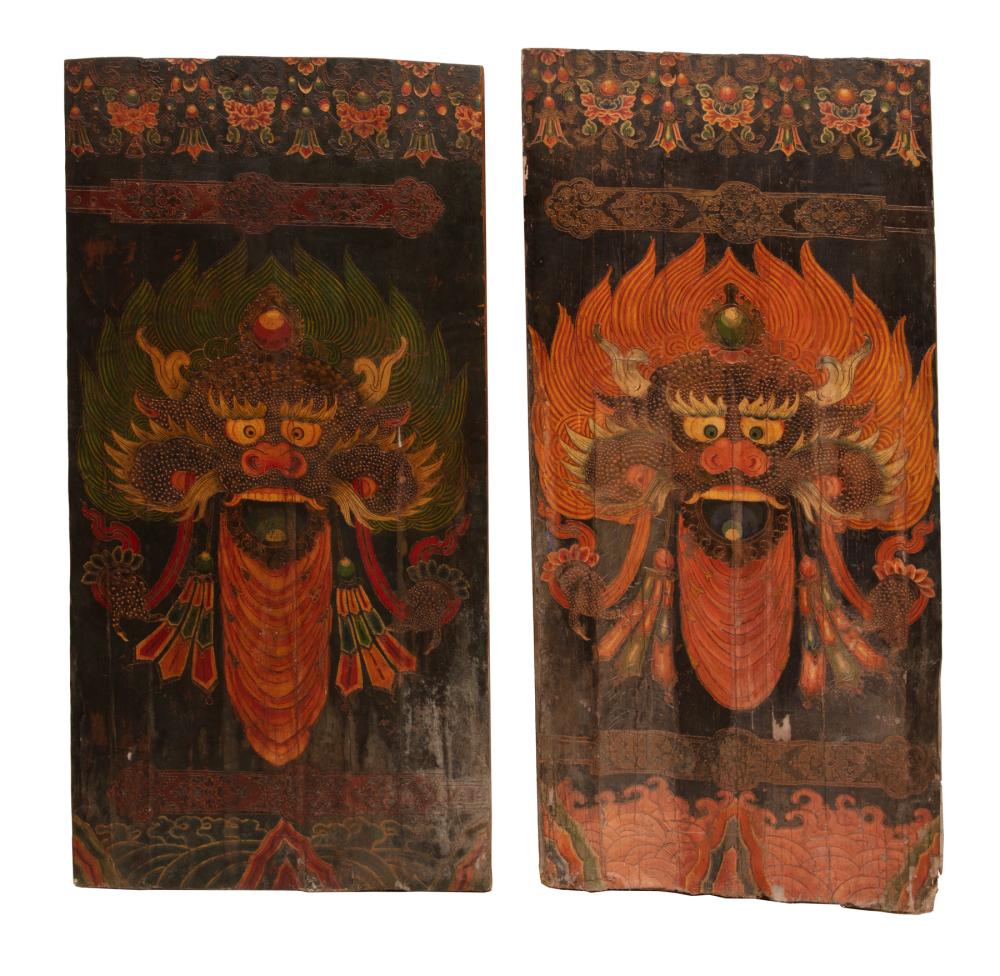 Appraisal: Pair of Antique Asian Polychrome Painted Canvas on Panel Doors