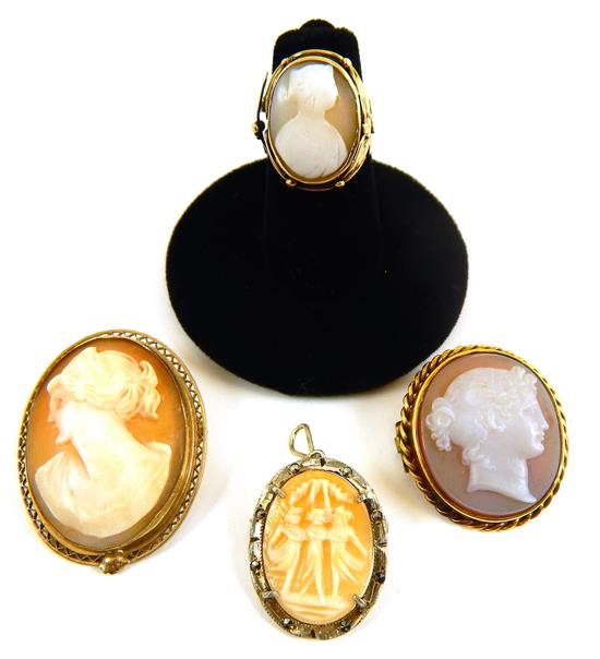 Appraisal: JEWELRY four carved shell and stone cameo pieces including three