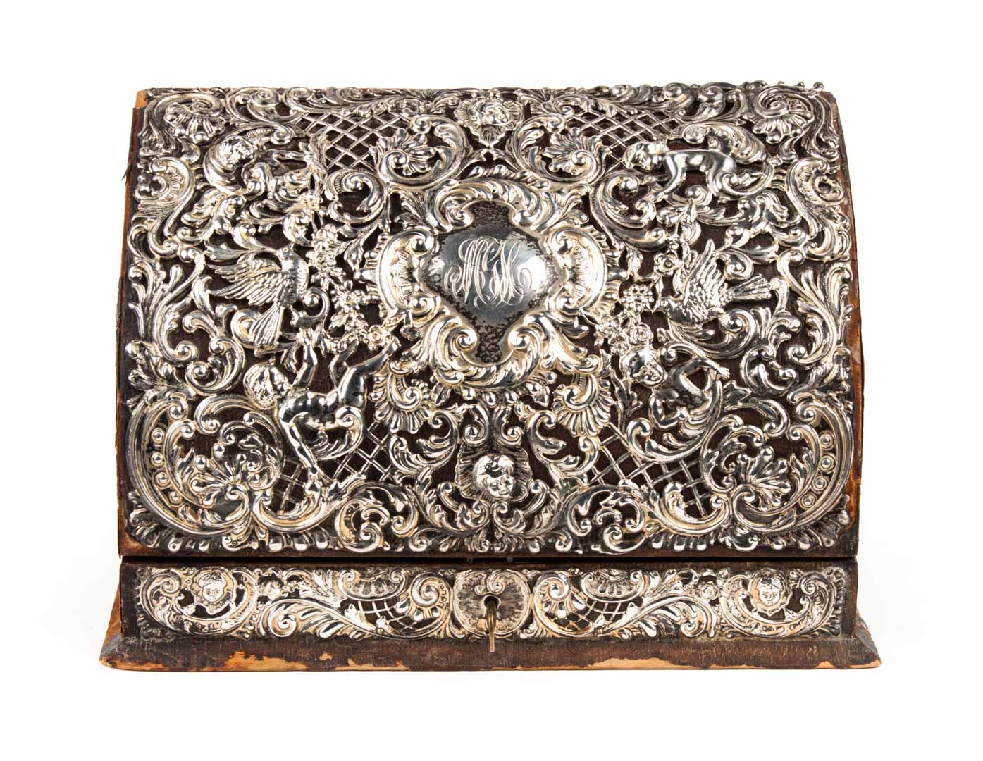 Appraisal: Rococo style silver-mounted desk box late th century leather-covered wood