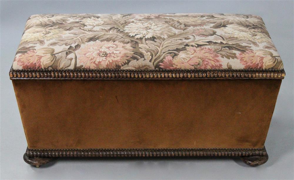 Appraisal: UPHOLSTERED BOBBIN TURNED HARDWOOD OTTOMAN WITH INTERIOR COMPARTMENT TH CENTURY