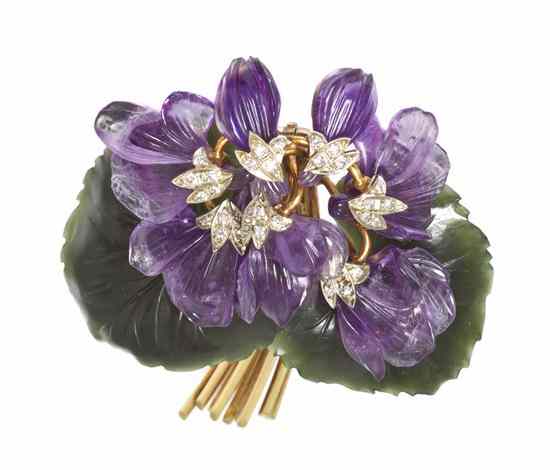 Appraisal: An Austrian Karat Yellow Gold Amethyst Jade and Diamond Flower