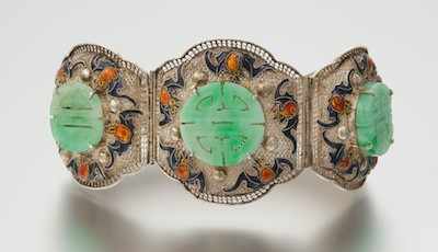 Appraisal: A Chinese Silver Enamel and Jadeite Bracelet Measuring apprx L