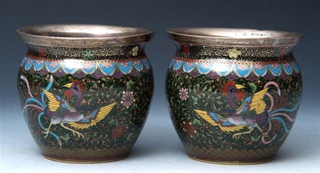 Appraisal: A PAIR OF CLOISONNE VASES with silver rims the body