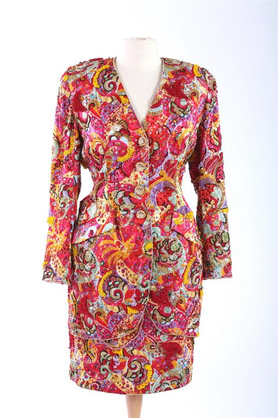 Appraisal: CHRISTYNE FORTI EMBELLISHED SUIT s Vibrant polychrome patterned silk background