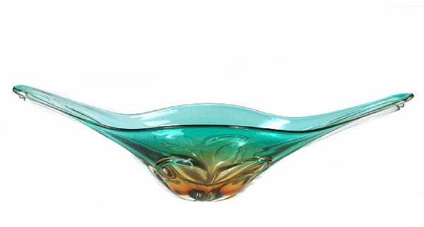 Appraisal: A Murano green and topaz glass free-form center bowl height