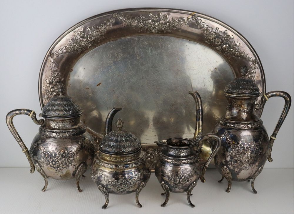 Appraisal: SILVER Pc German Silver Tea Set and Tray German silver