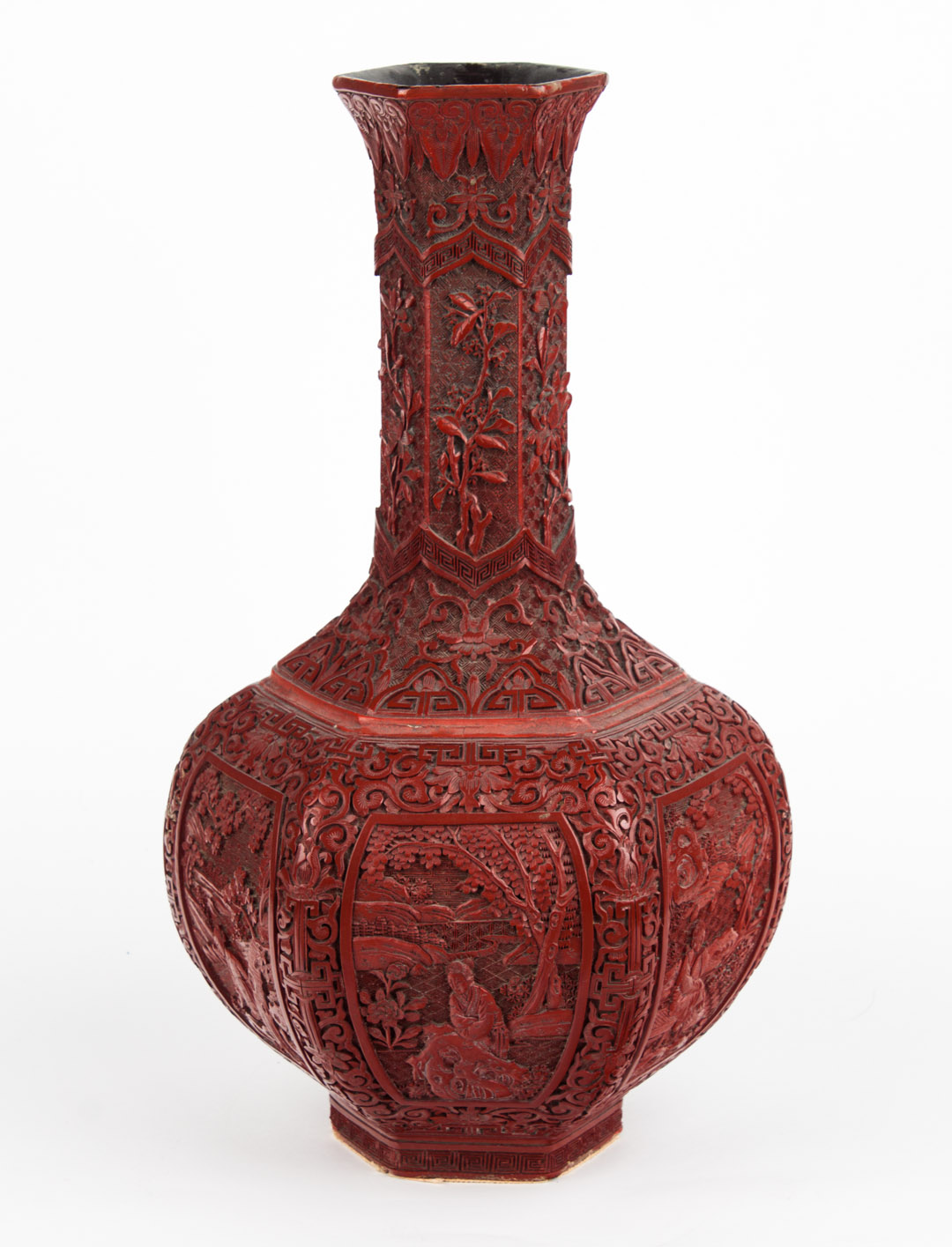 Appraisal: Chinese cinnabar lacquer vase paneled form each with vignette of