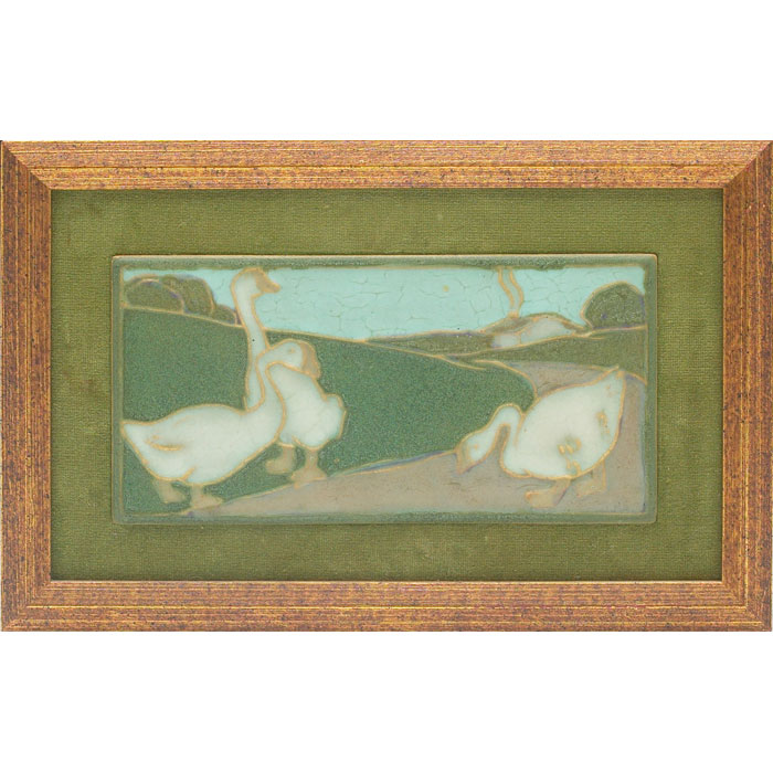 Appraisal: Fine Rookwood tile three geese in a landscape with a