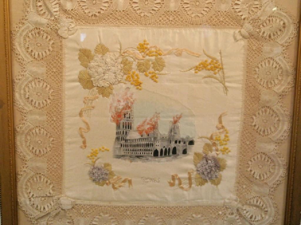 Appraisal: A framed and glazed silk panel painted en grisaille with