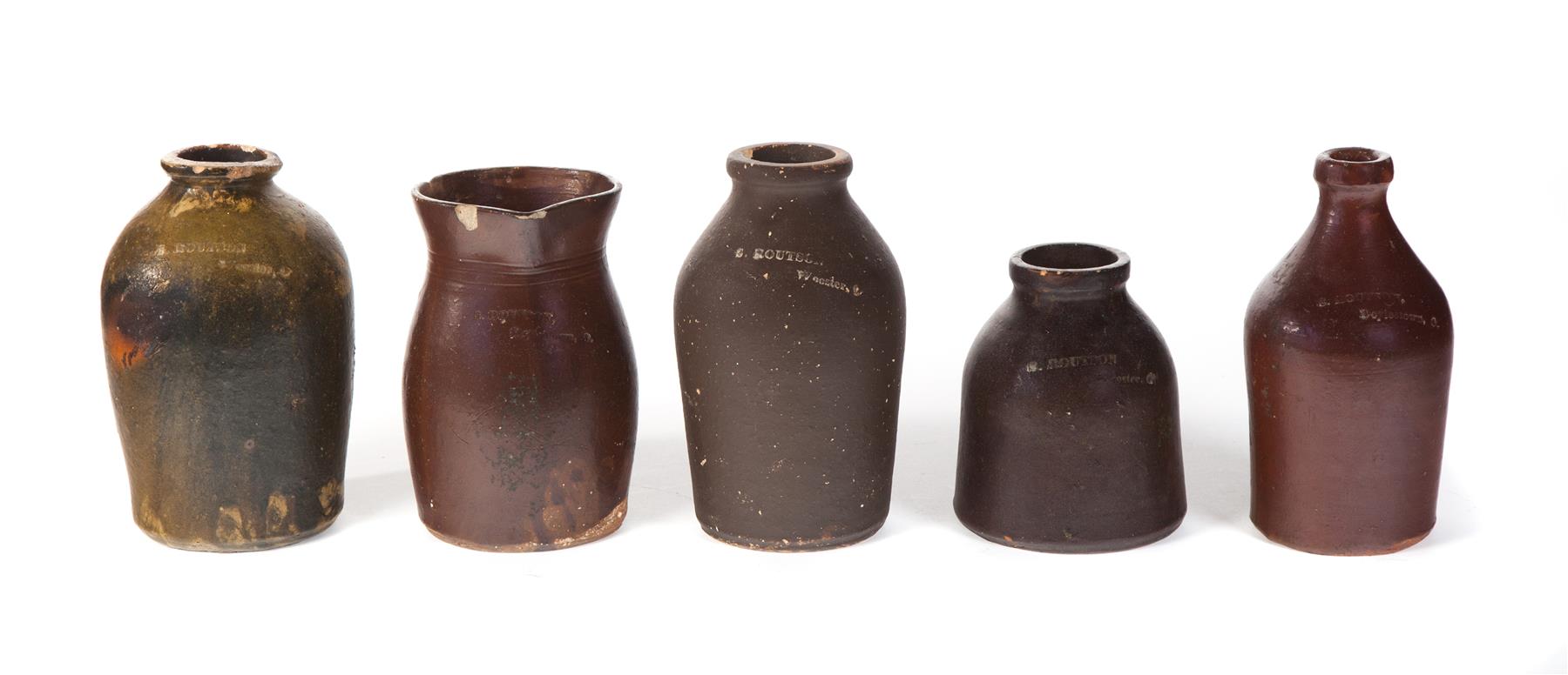 Appraisal: FIVE PIECES OF SAMUEL ROUTSON STONEWARE Wooster and Doylestown Ohio