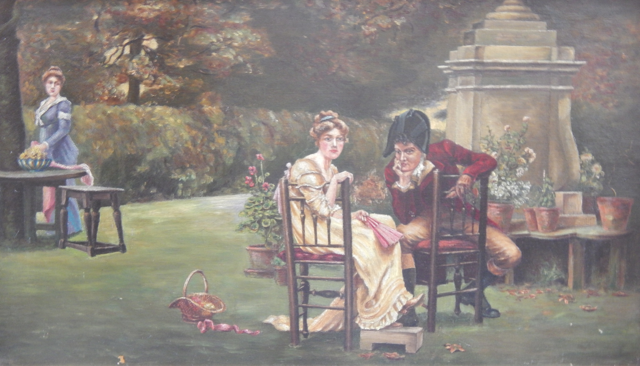 Appraisal: English School th Contemplating Regency figures in a garden oil