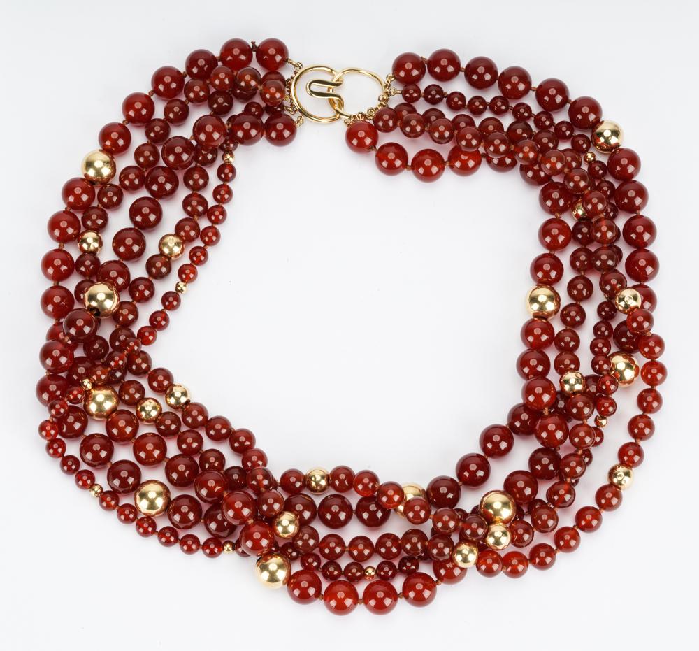 Appraisal: BARBARA RICKLES KARAT YELLOW GOLD CARNELIAN NECKLACEcontaining five strands of