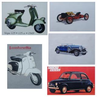 Appraisal: Five Vintage Auto Prints Includes Lambretta Vespa Duesenberg Model SJ