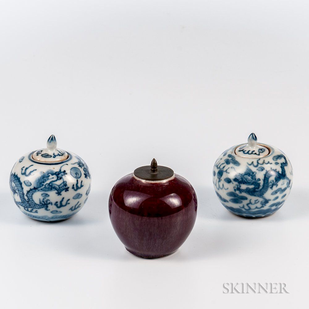 Appraisal: Three Miniature Porcelain Covered Jarlets Three Miniature Porcelain Covered Jarlets