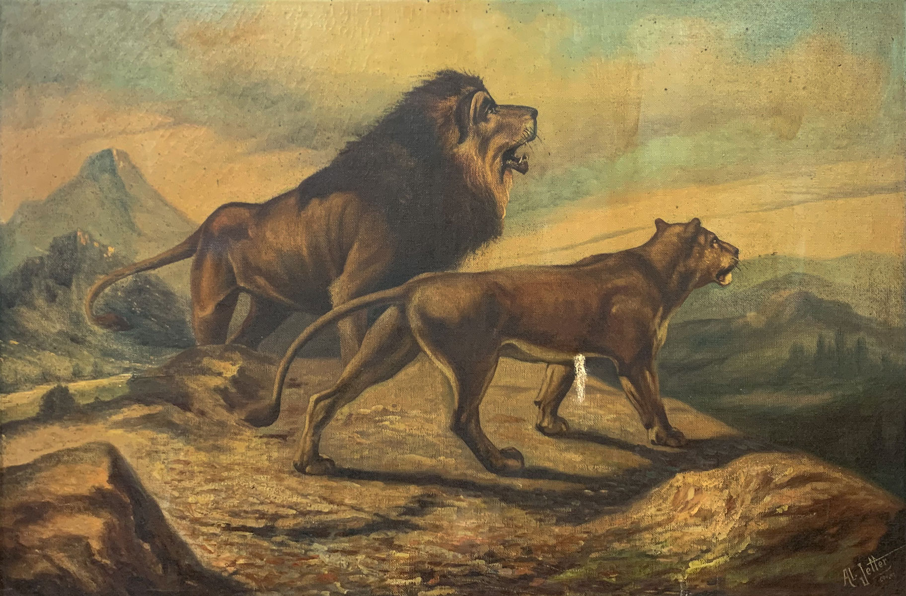 Appraisal: OIL ON CANVAS PAINTING OF MALE AND FEMALE LIONS ON