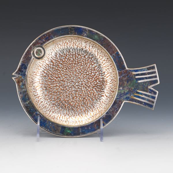 Appraisal: TAXCO LOS CASTILLOS SILVER PLATED AND STONE MOSAIC FISH DISH