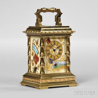 Appraisal: Miniature Porcelain Panel Carriage Clock late th century brass and