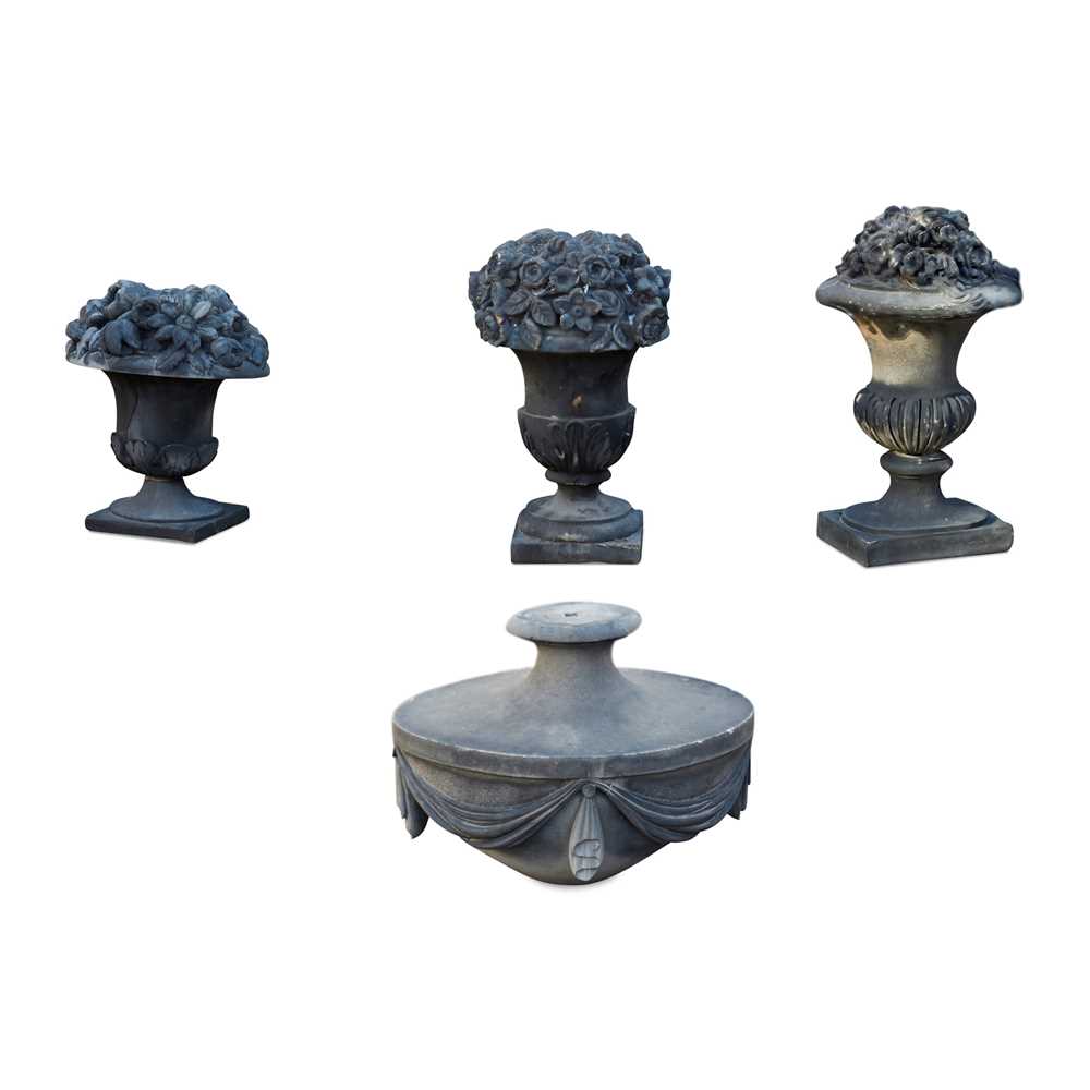 Appraisal: GROUP OF THREE CARVED STONE URNS LATE TH EARLY TH