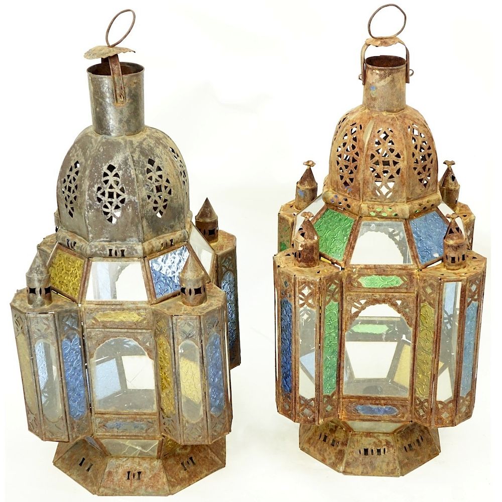 Appraisal: Pair of Antique Moroccan Metal and Glass Lanterns Pair of