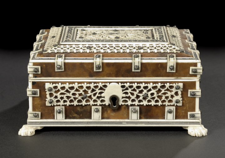 Appraisal: Anglo-Indian Elaborately Carved and Reticulated Bone-Mounted Tortoiseshell Jewel Casket fourth