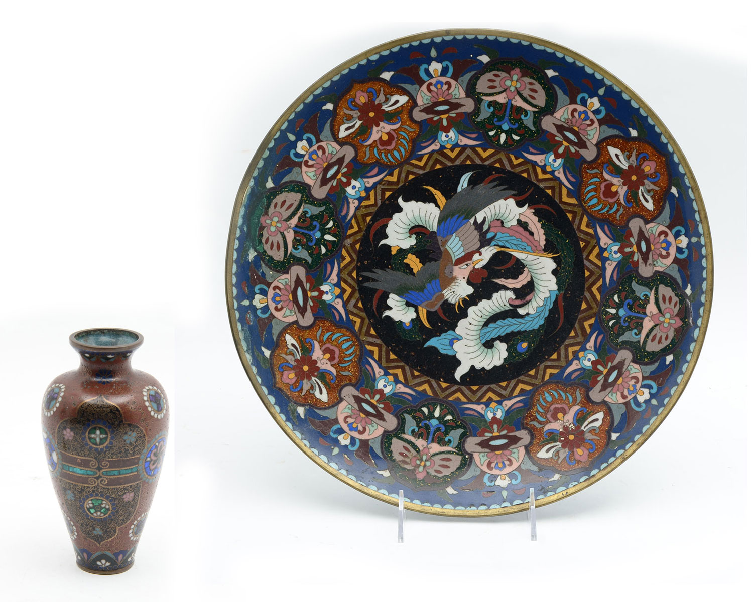 Appraisal: JAPANESE CLOISONNE PHOENIX CHARGER VASE Japanese cloisonne charger having a