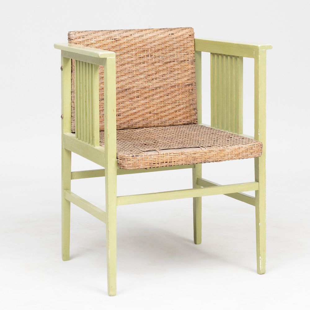 Appraisal: Hans Vollmer Green Painted and Caned Armchair x x in