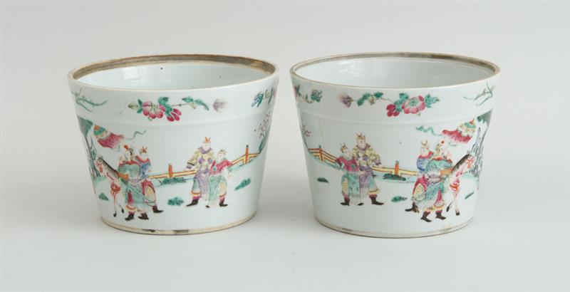 Appraisal: PAIR OF CHINESE FAMILLE ROSE PORCELAIN FIGURAL-PAINTED CACHE POTS x