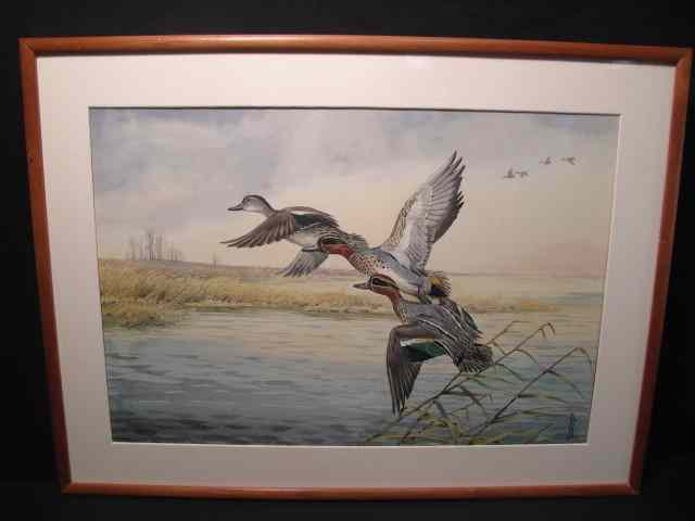 Appraisal: Boris Riab watercolor painting depicting three flying ducks Signed in