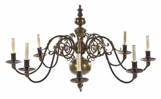 Appraisal: A Pair of Dutch Baroque Style Brass Eight-Light Chandeliers each