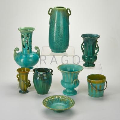 Appraisal: FULPER Eight pieces Flemington NJ most after Six vases ice