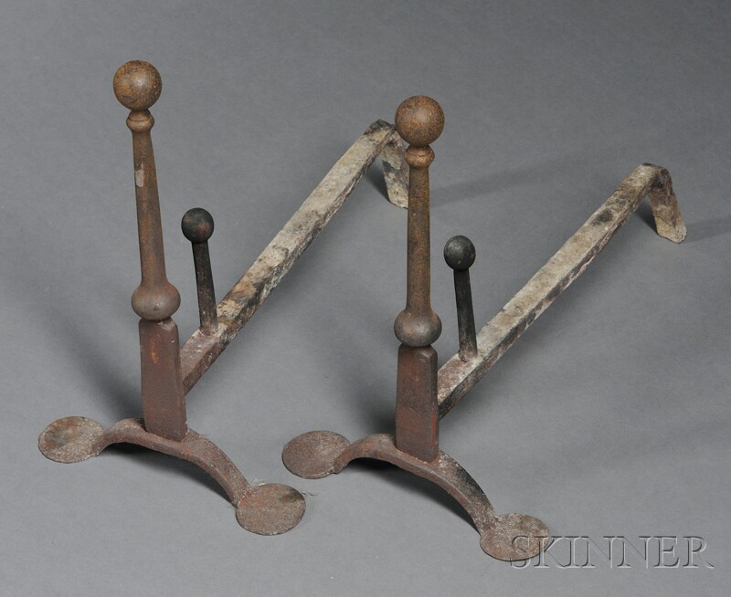 Appraisal: Pair of Early Rhode Island Wrought Iron Andirons th century